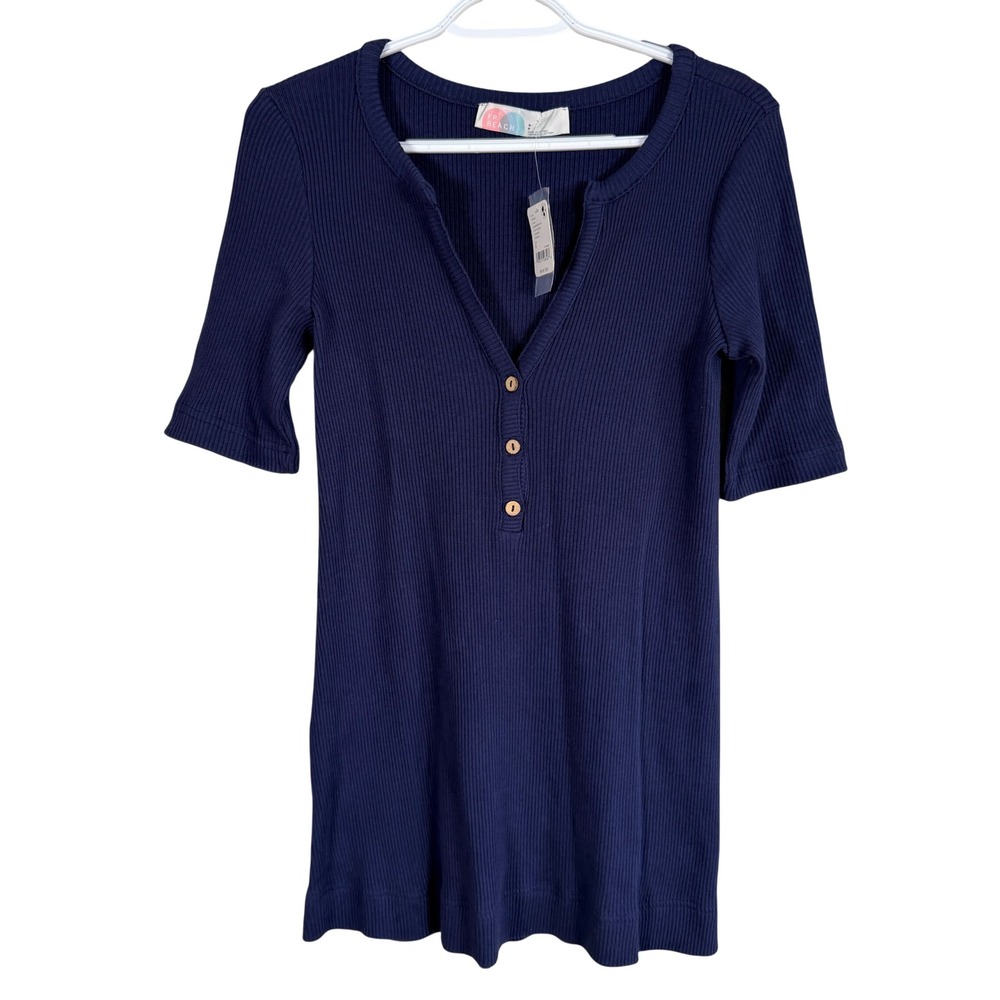 Free People FP Beach Henley Tunic Top Womens S Navy Blue Ribbed Cotton NEW